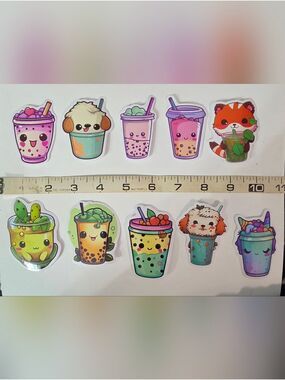 Lot Of Ten Cute Bubble Tea Pet Sticker Set - Green, Purple, Pink